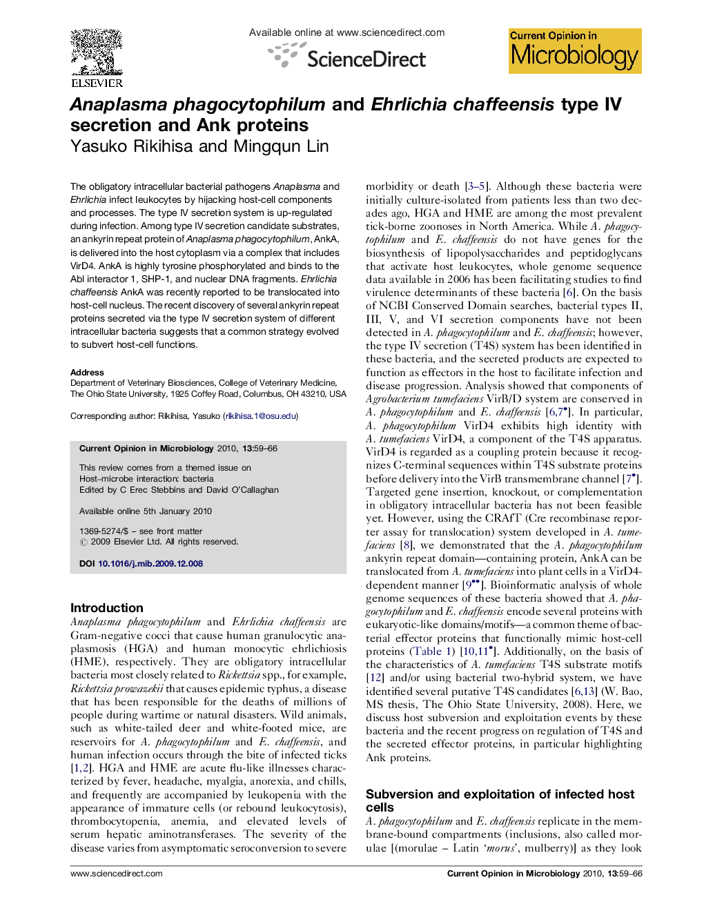 Anaplasma phagocytophilum and Ehrlichia chaffeensis type IV secretion and Ank proteins