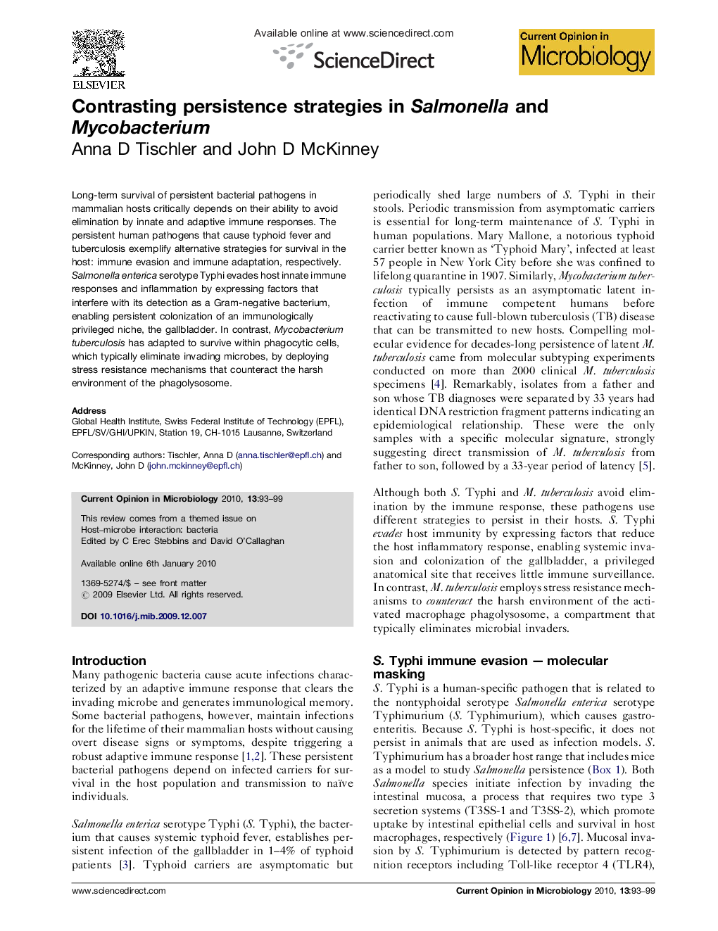 Contrasting persistence strategies in Salmonella and Mycobacterium