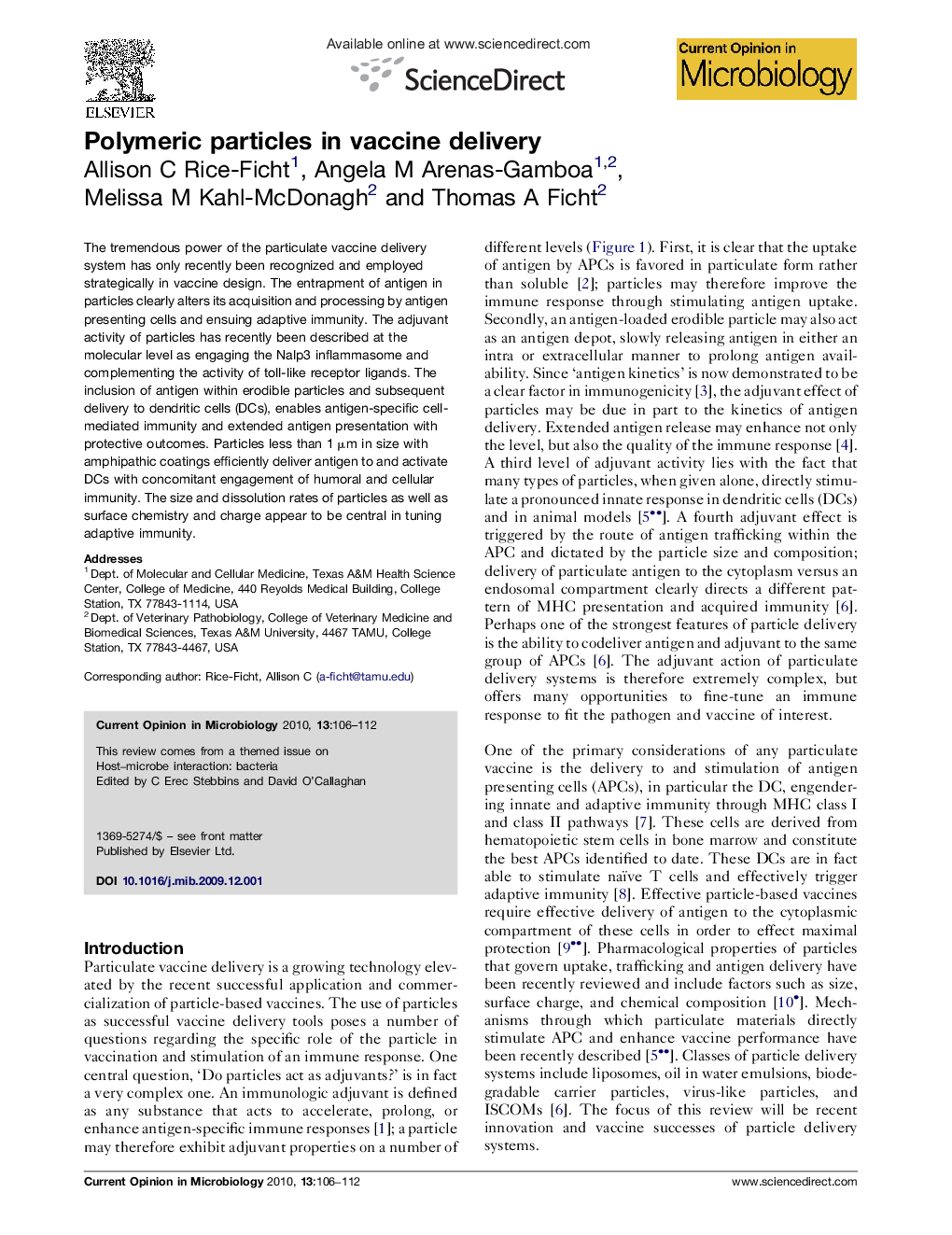 Polymeric particles in vaccine delivery