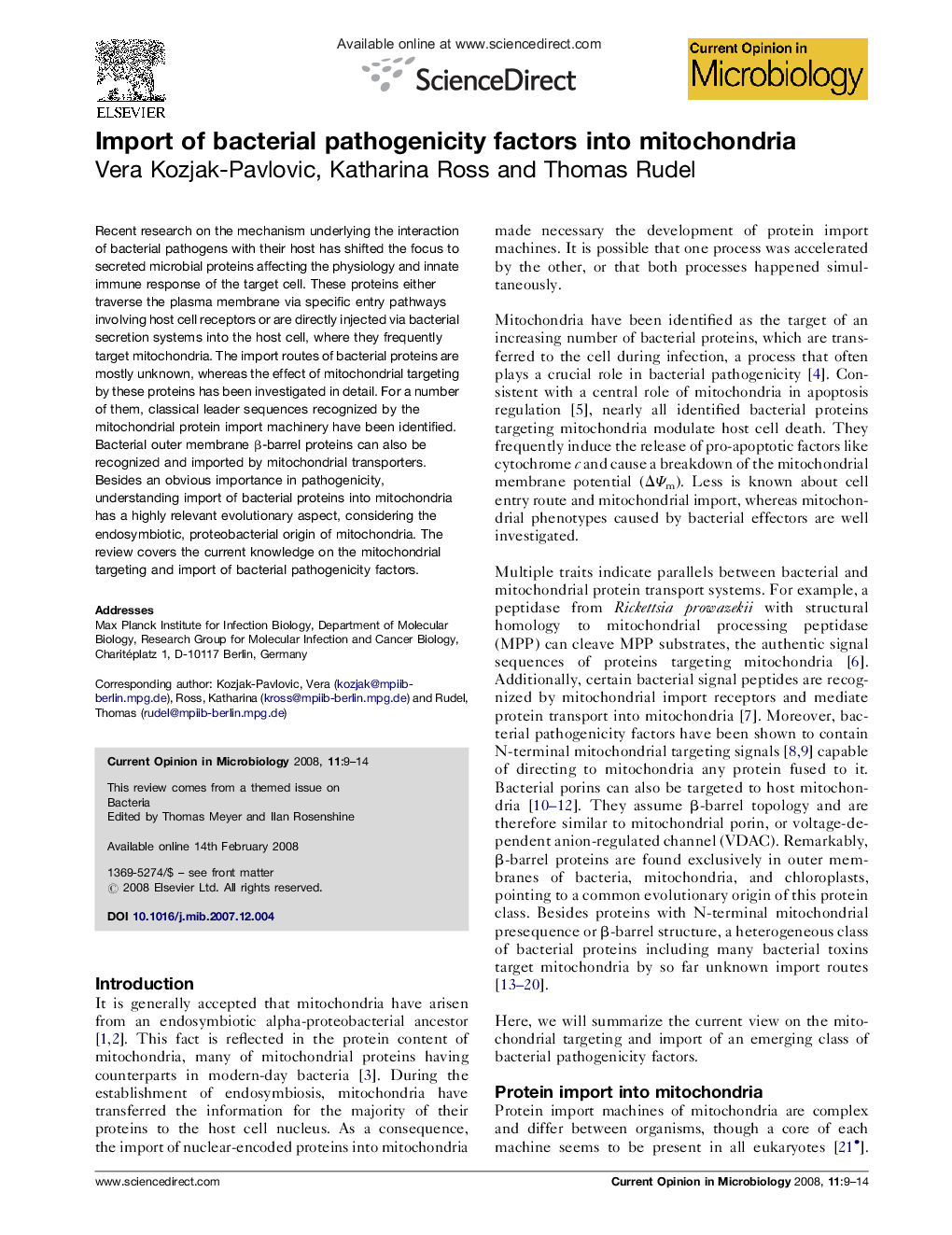 Import of bacterial pathogenicity factors into mitochondria