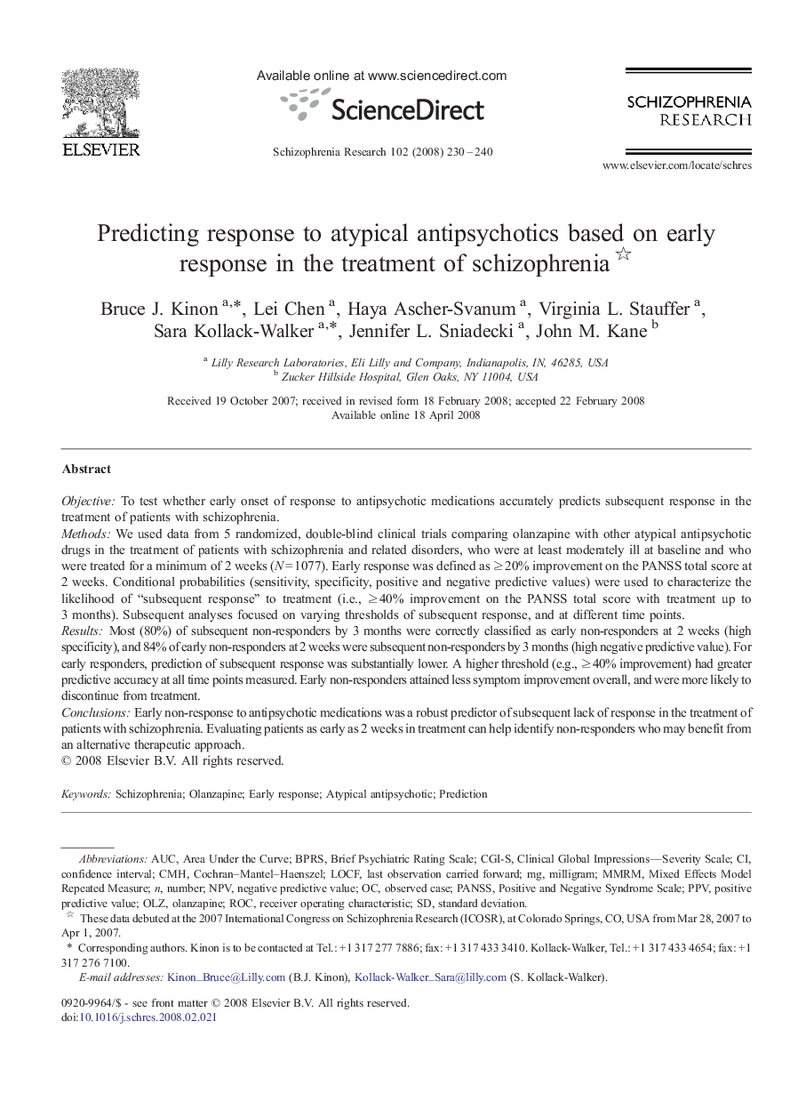 Predicting response to atypical antipsychotics based on early response in the treatment of schizophrenia 