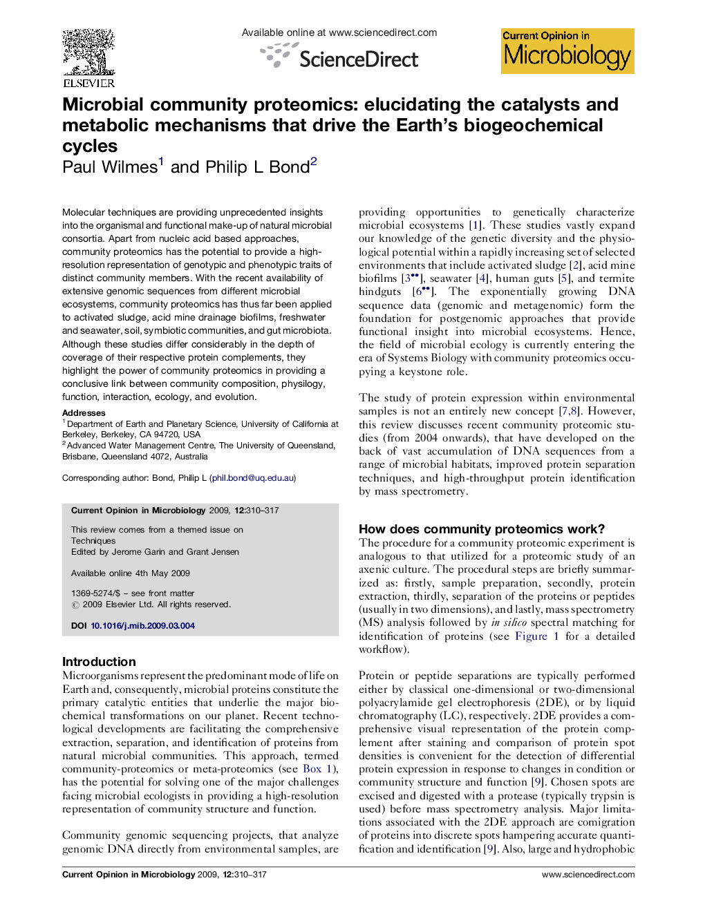 Microbial community proteomics: elucidating the catalysts and metabolic mechanisms that drive the Earth's biogeochemical cycles