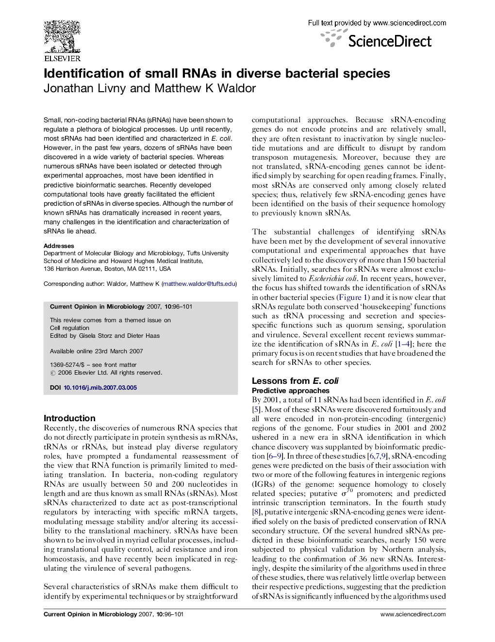 Identification of small RNAs in diverse bacterial species