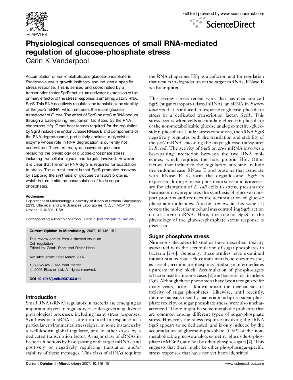 Physiological consequences of small RNA-mediated regulation of glucose-phosphate stress