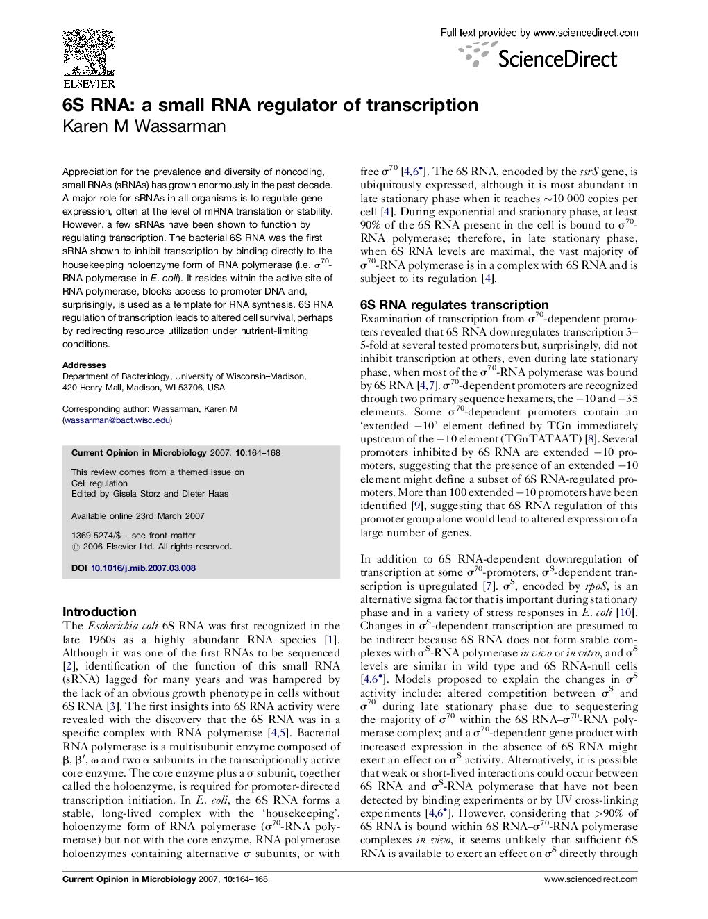 6S RNA: a small RNA regulator of transcription