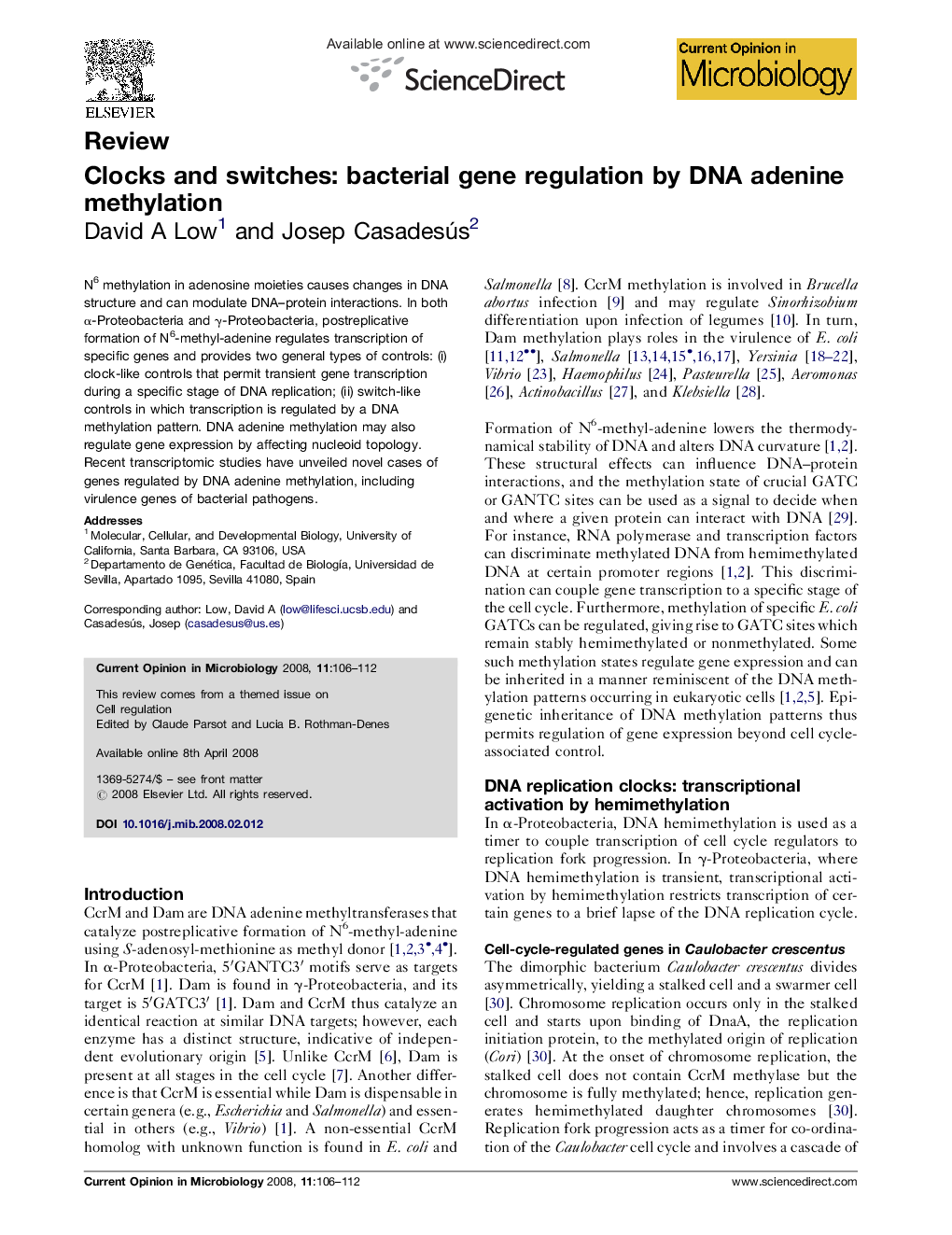 Clocks and switches: bacterial gene regulation by DNA adenine methylation