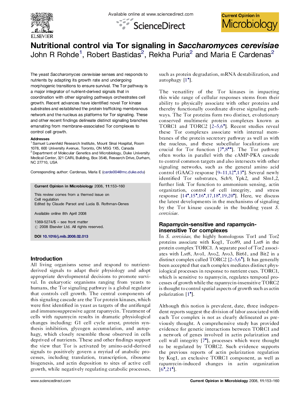 Nutritional control via Tor signaling in Saccharomyces cerevisiae