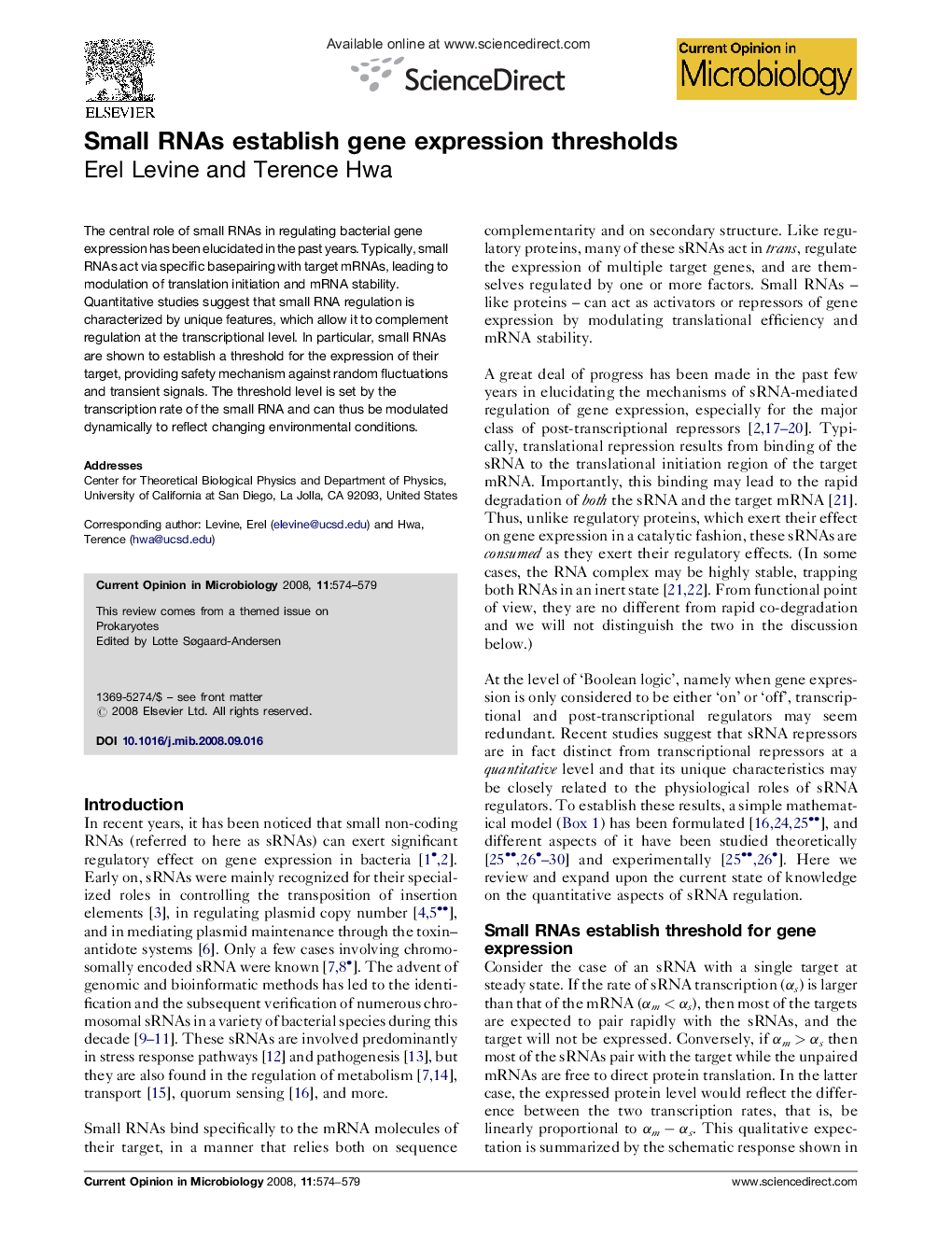 Small RNAs establish gene expression thresholds