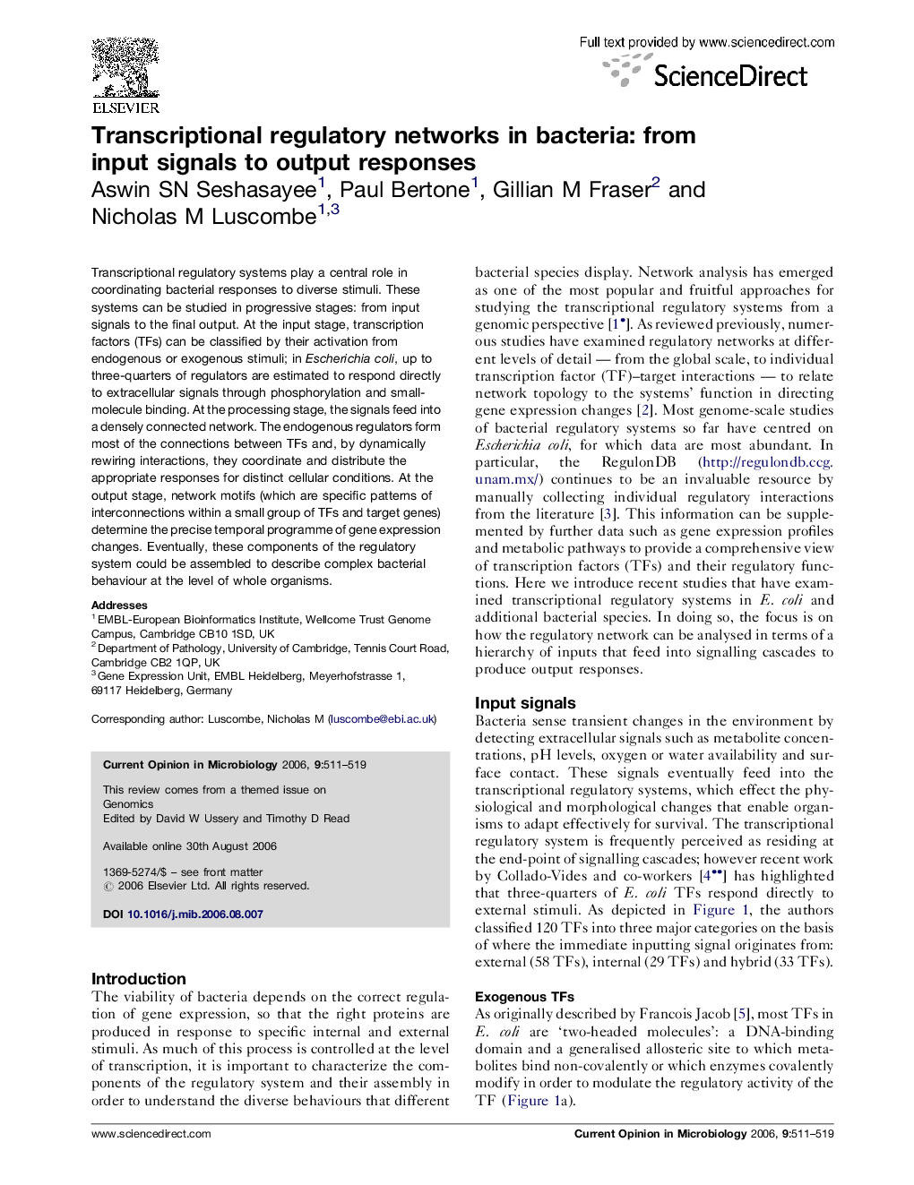 Transcriptional regulatory networks in bacteria: from input signals to output responses