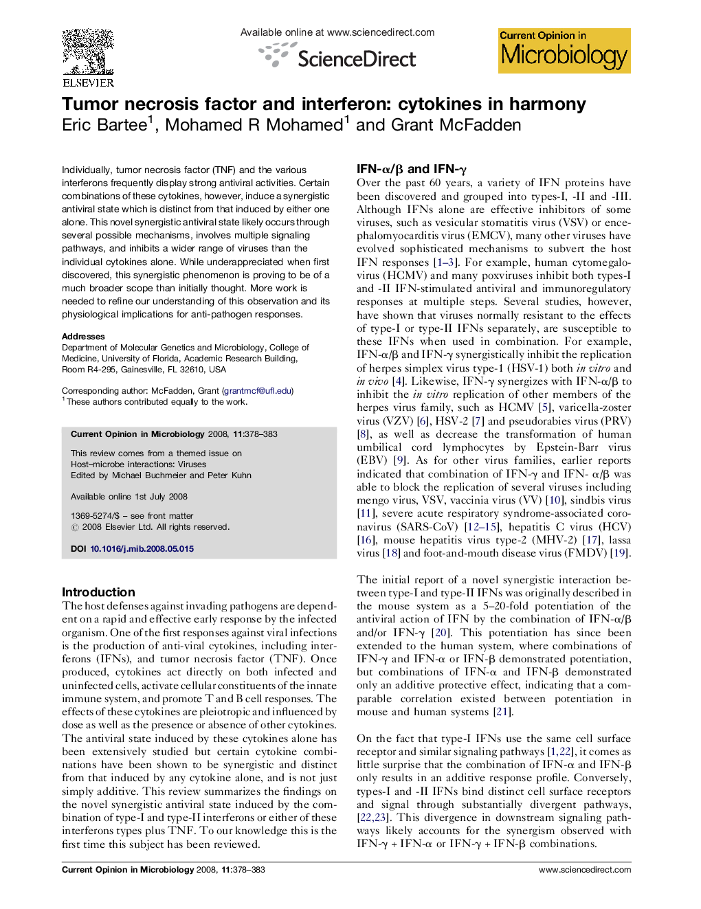 Tumor necrosis factor and interferon: cytokines in harmony