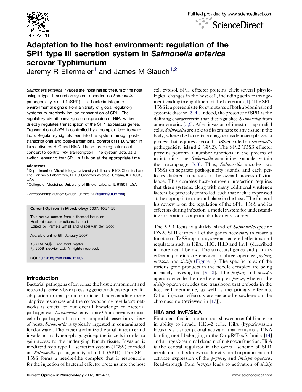 Adaptation to the host environment: regulation of the SPI1 type III secretion system in Salmonella enterica serovar Typhimurium