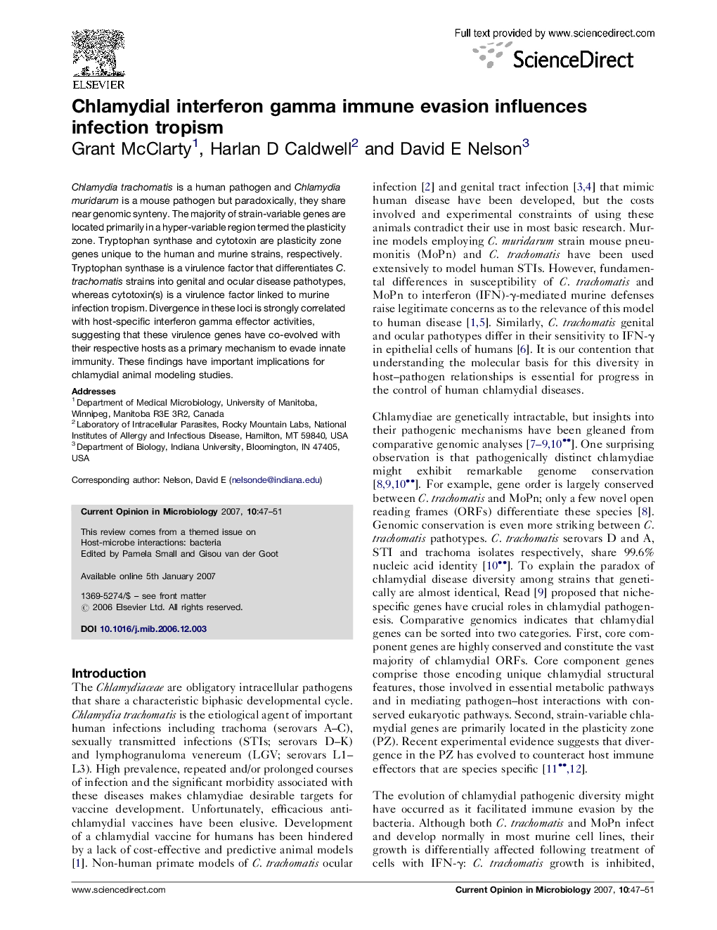 Chlamydial interferon gamma immune evasion influences infection tropism