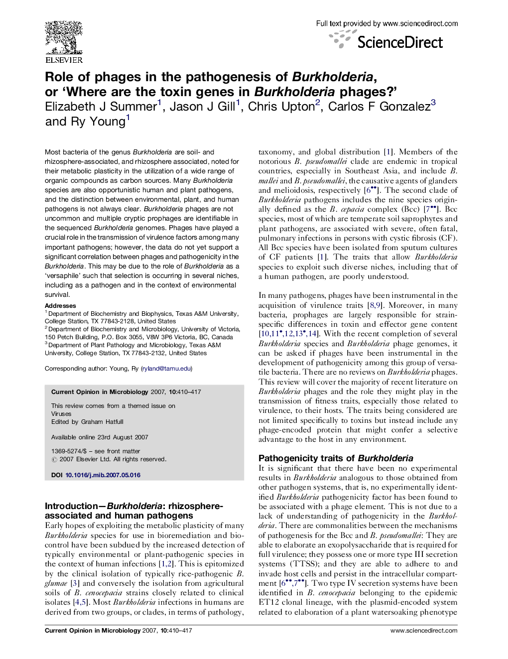 Role of phages in the pathogenesis of Burkholderia, or ‘Where are the toxin genes in Burkholderia phages?’