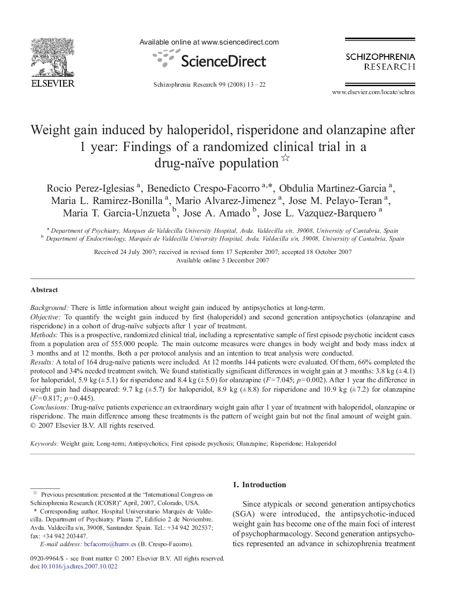 Weight gain induced by haloperidol, risperidone and olanzapine after 1 year: Findings of a randomized clinical trial in a drug-naïve population 