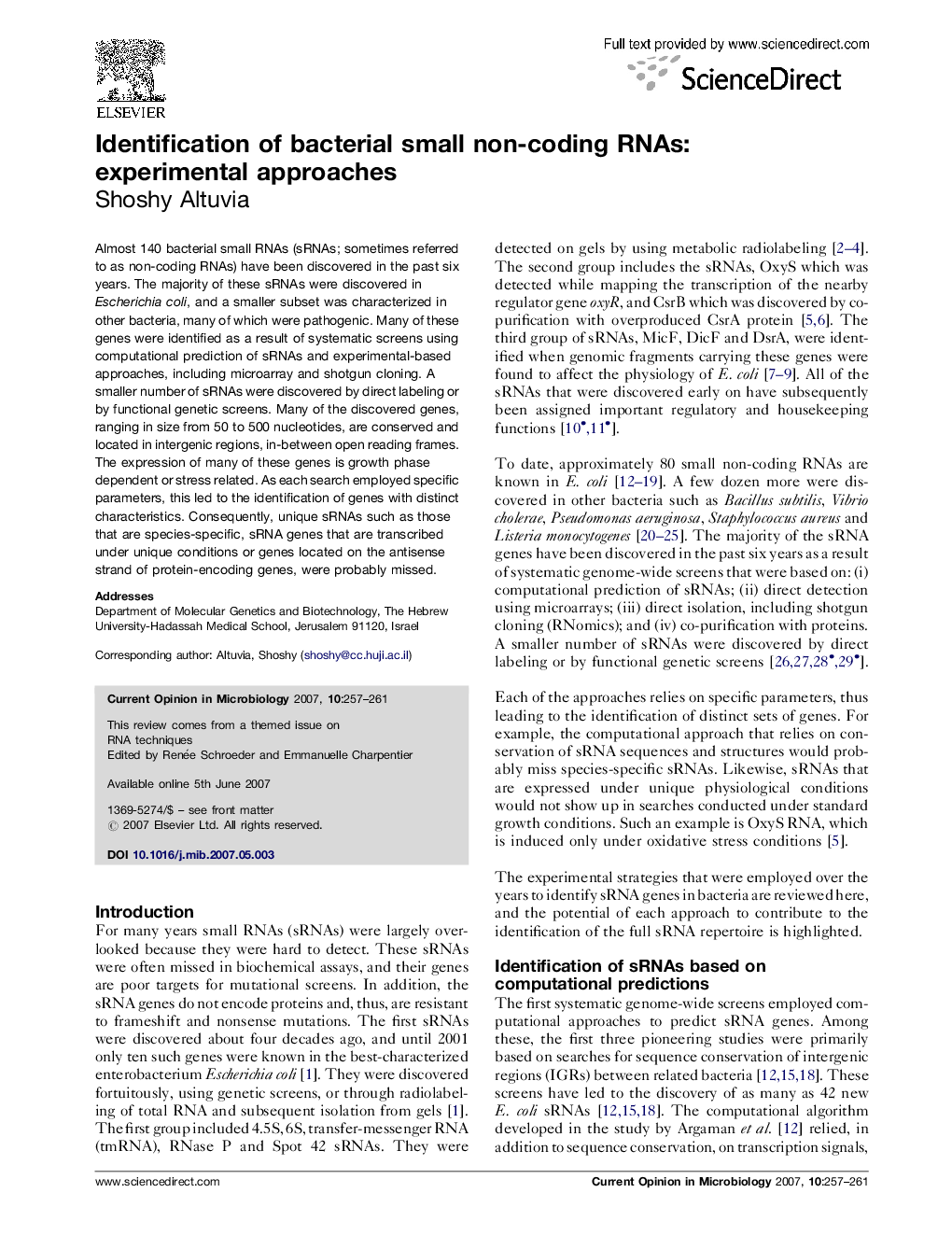 Identification of bacterial small non-coding RNAs: experimental approaches