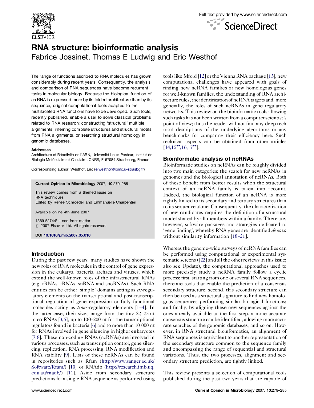 RNA structure: bioinformatic analysis