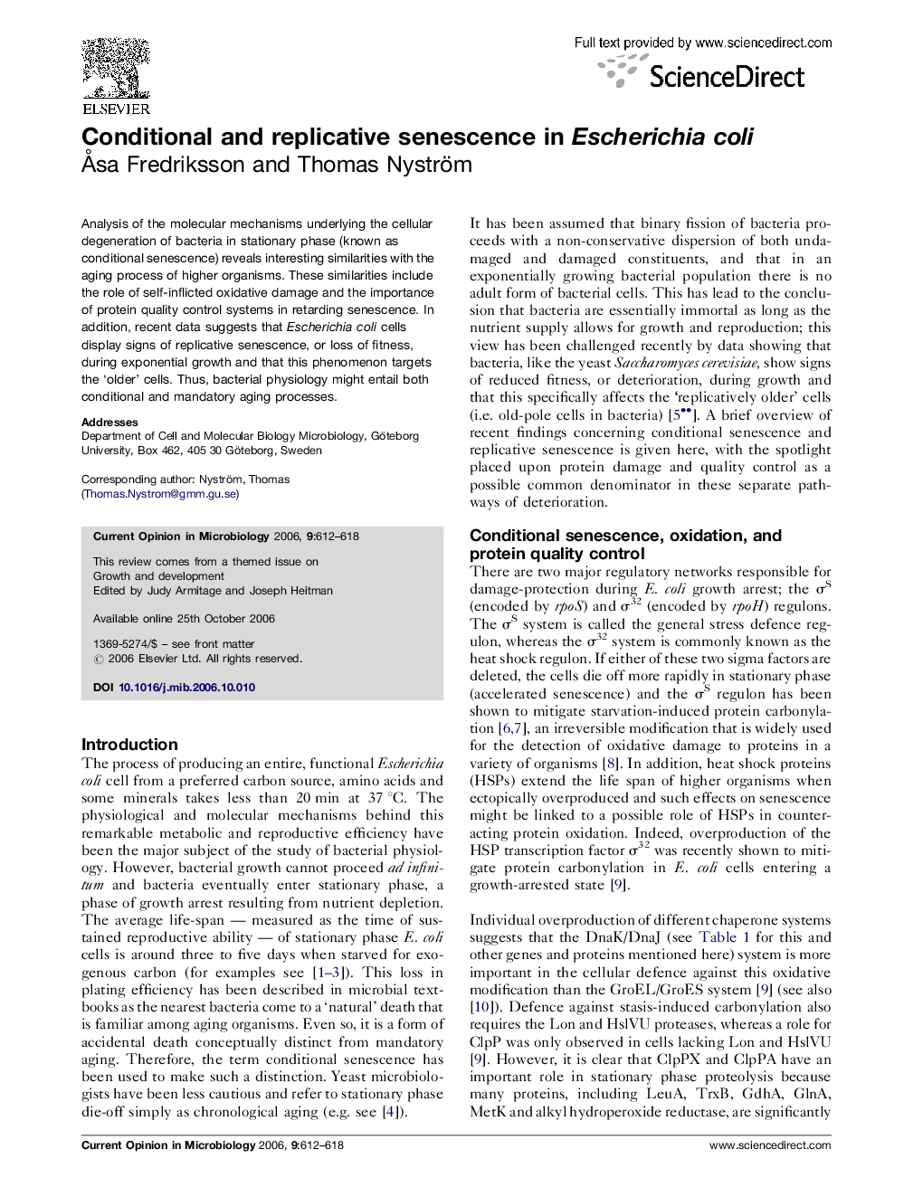 Conditional and replicative senescence in Escherichia coli