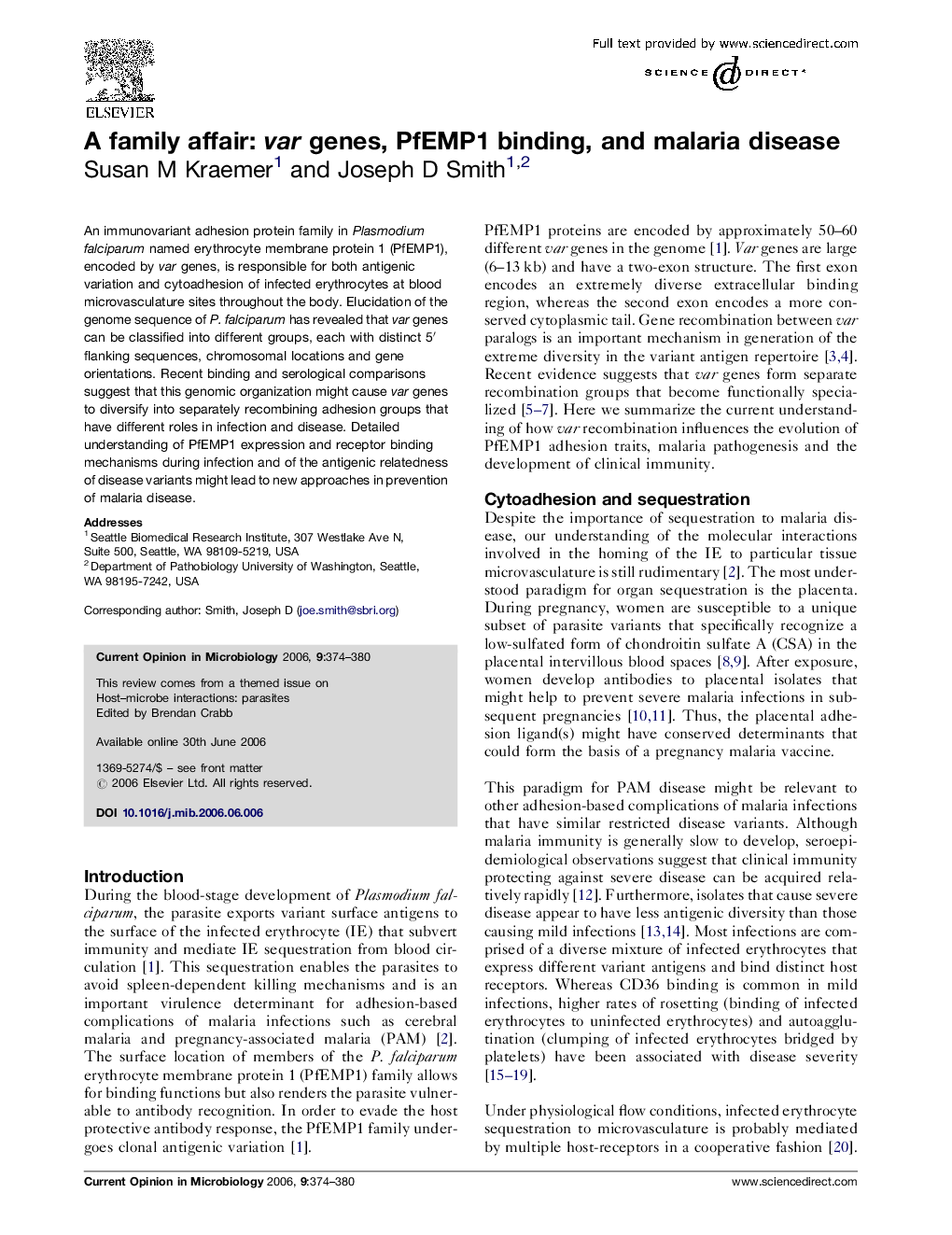 A family affair: var genes, PfEMP1 binding, and malaria disease