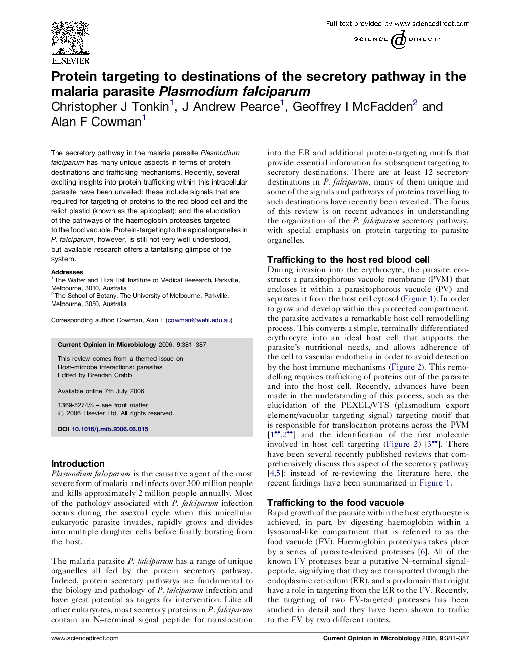 Protein targeting to destinations of the secretory pathway in the malaria parasite Plasmodium falciparum