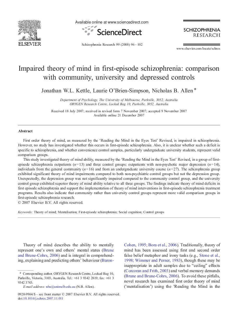 Impaired theory of mind in first-episode schizophrenia: comparison with community, university and depressed controls