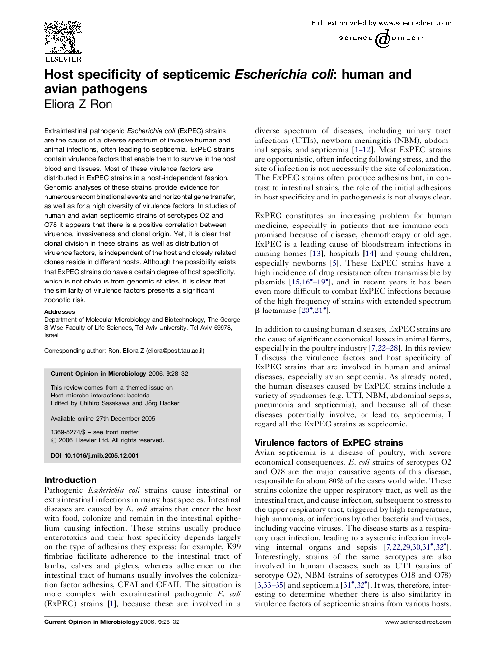 Host specificity of septicemic Escherichia coli: human and avian pathogens