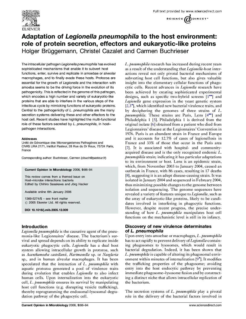 Adaptation of Legionella pneumophila to the host environment: role of protein secretion, effectors and eukaryotic-like proteins