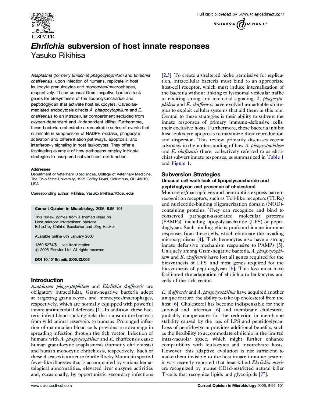 Ehrlichia subversion of host innate responses