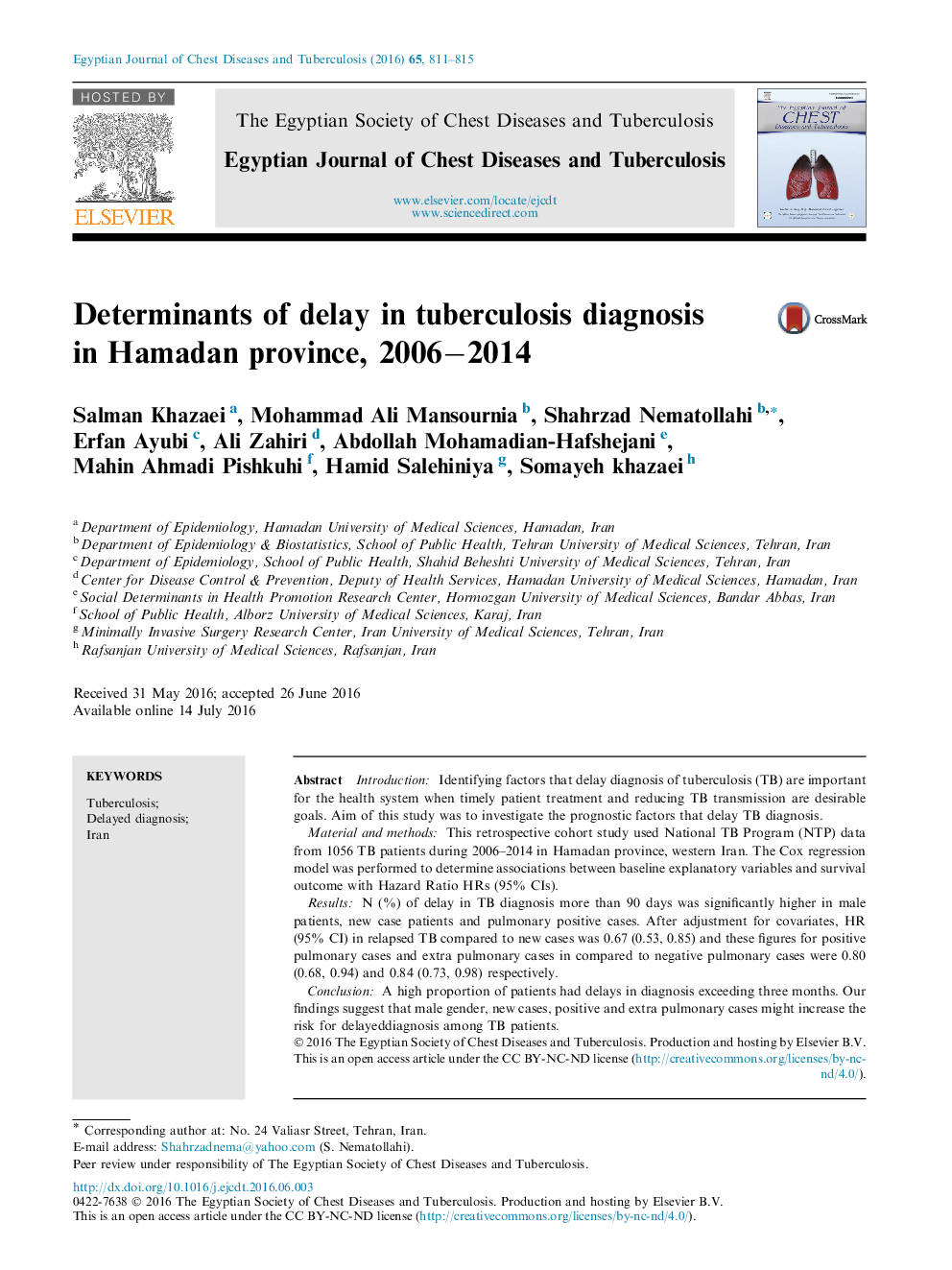 Determinants of delay in tuberculosis diagnosis in Hamadan province, 2006−2014 