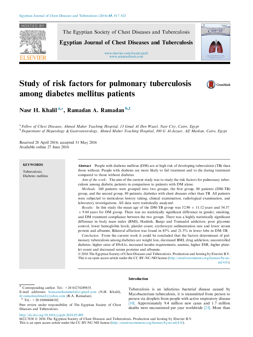 Study of risk factors for pulmonary tuberculosis among diabetes mellitus patients 