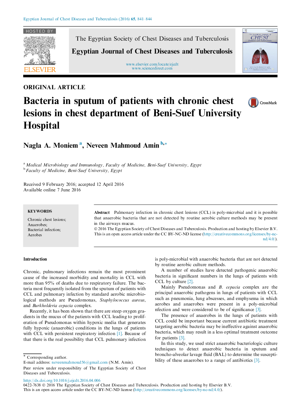 Bacteria in sputum of patients with chronic chest lesions in chest department of Beni-Suef University Hospital 