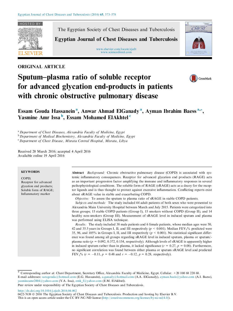 Sputum–plasma ratio of soluble receptor for advanced glycation end-products in patients with chronic obstructive pulmonary disease 