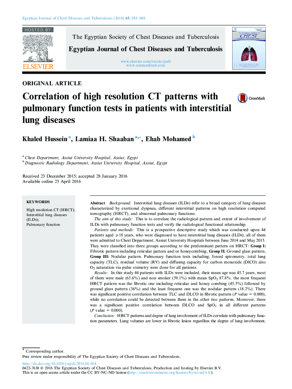 Correlation of high resolution CT patterns with pulmonary function tests in patients with interstitial lung diseases 