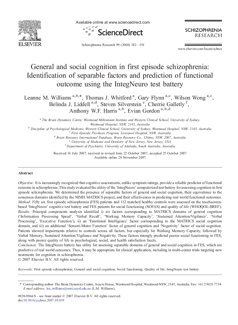 General and social cognition in first episode schizophrenia: Identification of separable factors and prediction of functional outcome using the IntegNeuro test battery