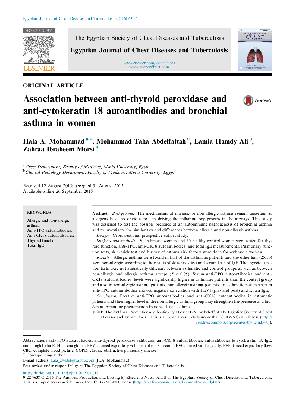 Association between anti-thyroid peroxidase and anti-cytokeratin 18 autoantibodies and bronchial asthma in women 