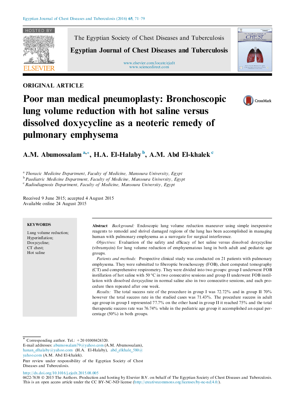 Poor man medical pneumoplasty: Bronchoscopic lung volume reduction with hot saline versus dissolved doxycycline as a neoteric remedy of pulmonary emphysema 