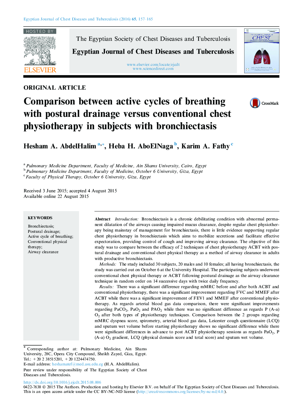 Comparison between active cycles of breathing with postural drainage versus conventional chest physiotherapy in subjects with bronchiectasis 