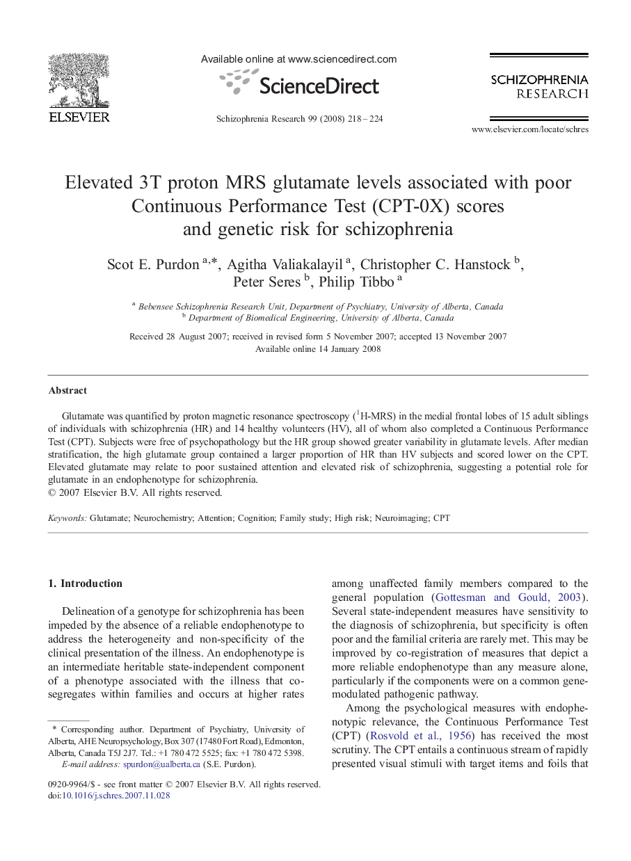 Elevated 3T proton MRS glutamate levels associated with poor Continuous Performance Test (CPT-0X) scores and genetic risk for schizophrenia