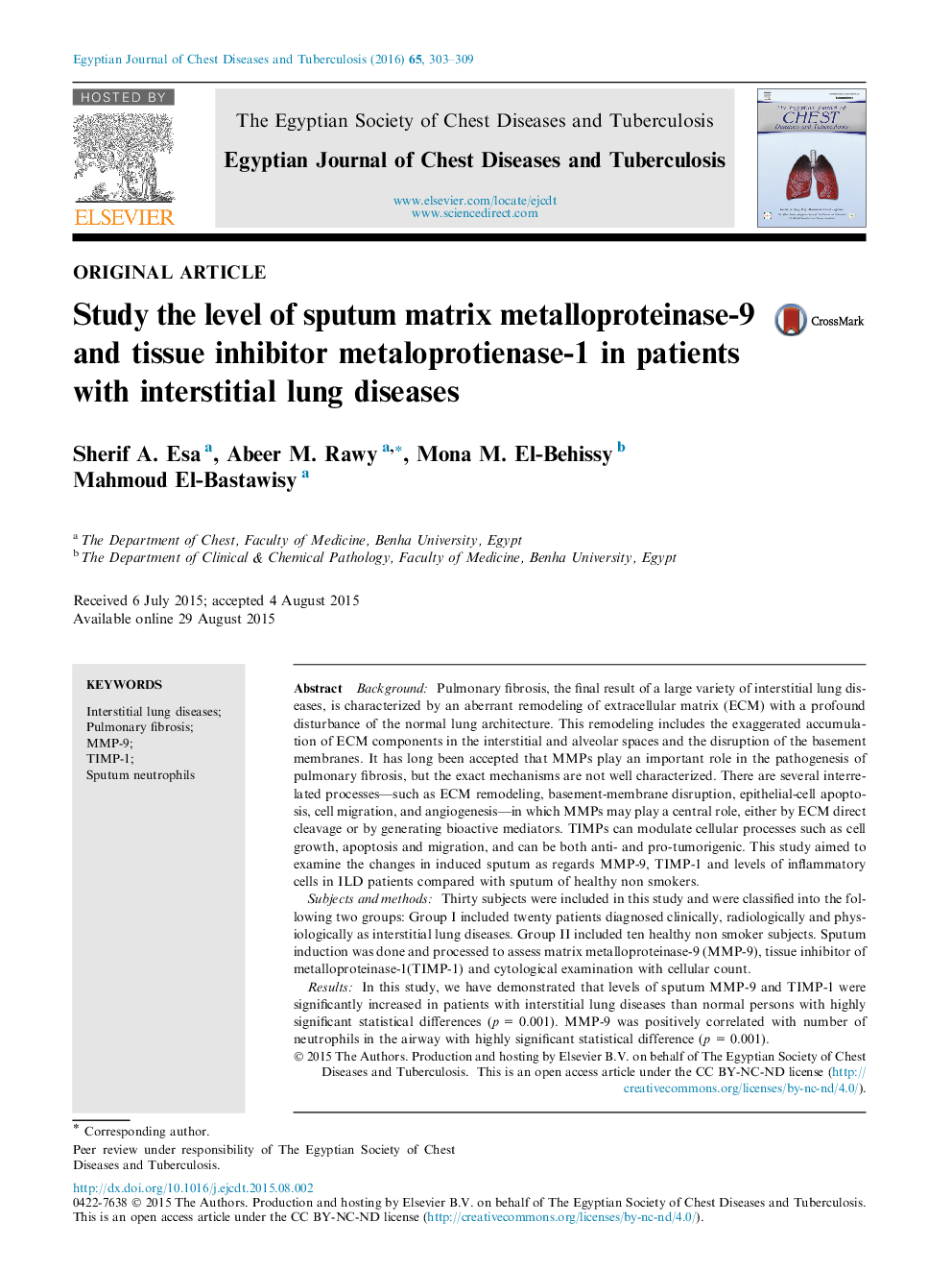 Study the level of sputum matrix metalloproteinase-9 and tissue inhibitor metaloprotienase-1 in patients with interstitial lung diseases 