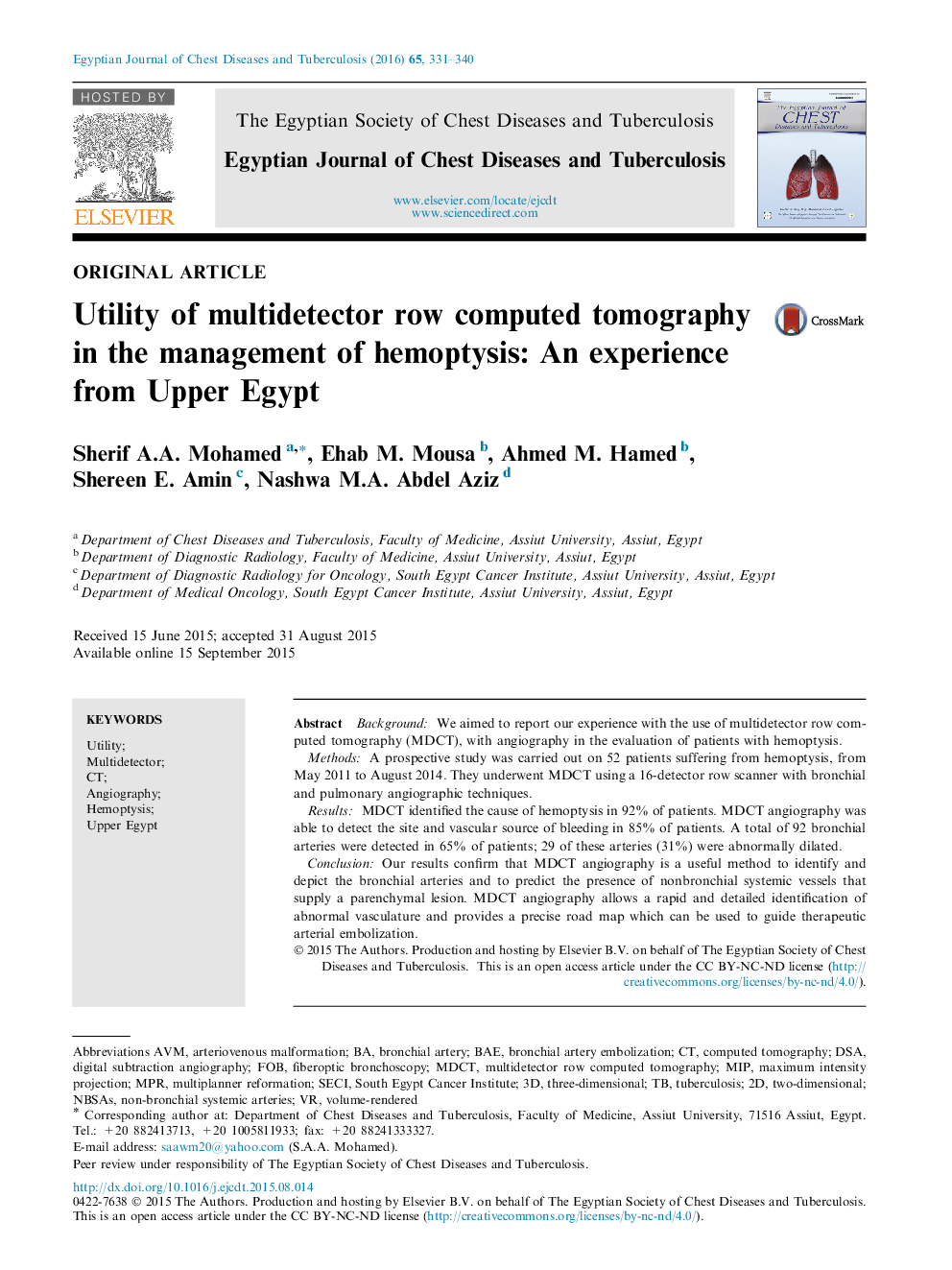 Utility of multidetector row computed tomography in the management of hemoptysis: An experience from Upper Egypt 