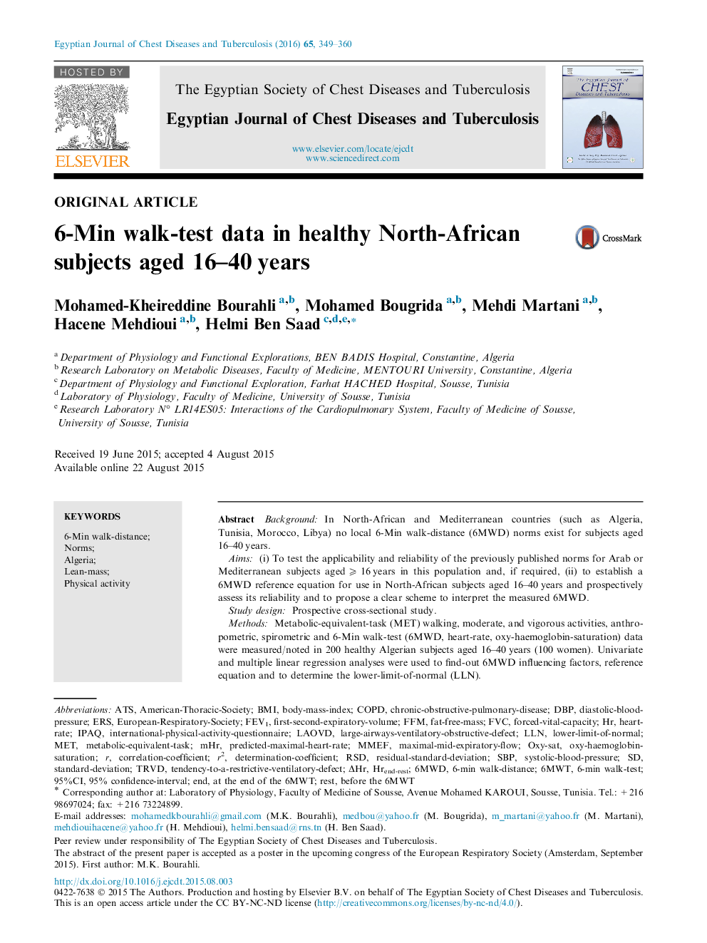 6-Min walk-test data in healthy North-African subjects aged 16–40 years 