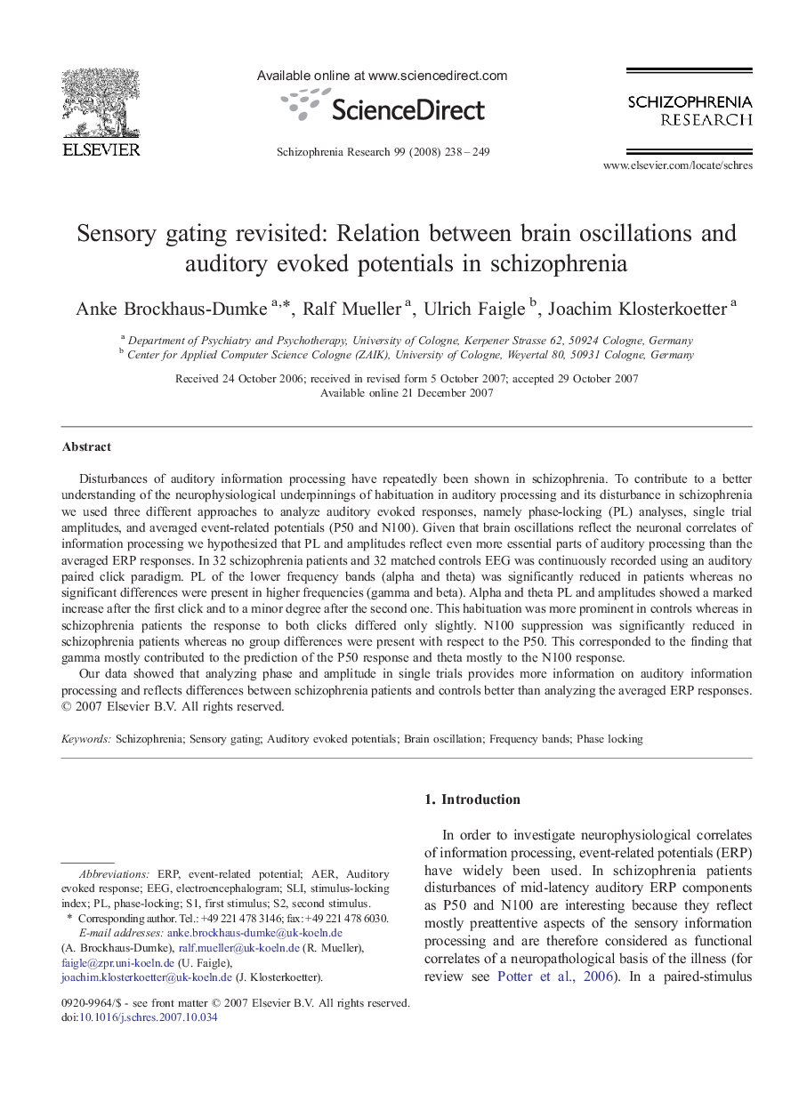 Sensory gating revisited: Relation between brain oscillations and auditory evoked potentials in schizophrenia