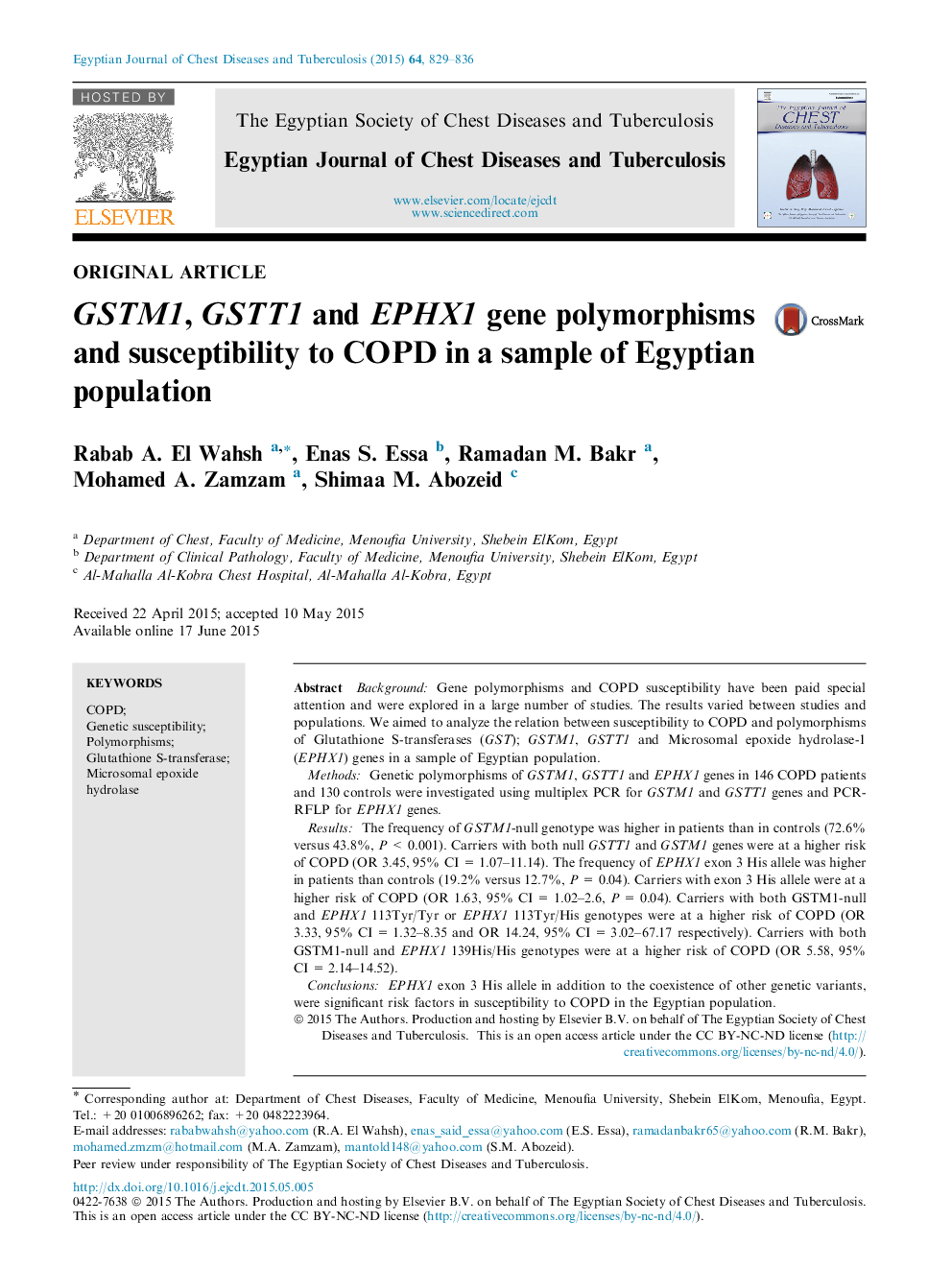 GSTM1, GSTT1 and EPHX1 gene polymorphisms and susceptibility to COPD in a sample of Egyptian population 