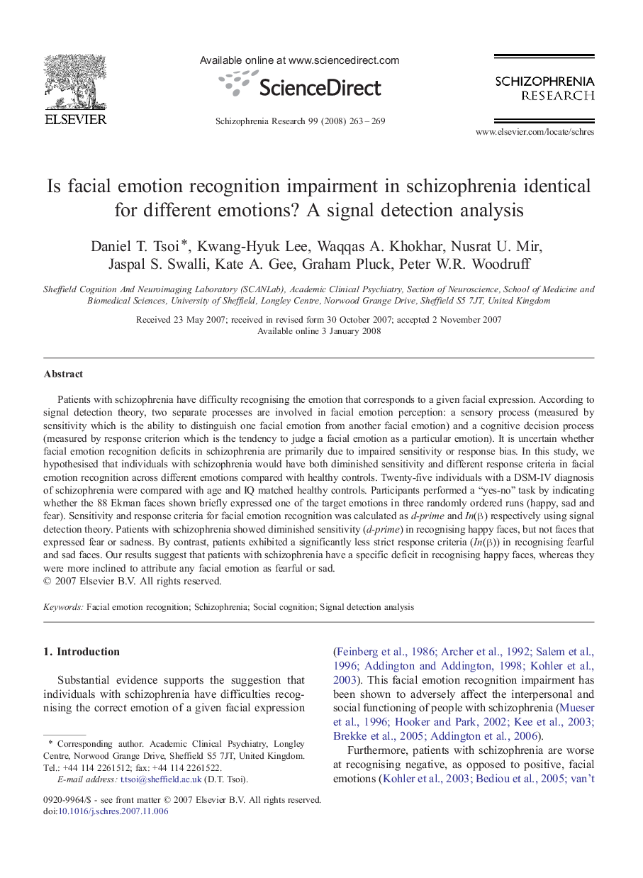 Is facial emotion recognition impairment in schizophrenia identical for different emotions? A signal detection analysis