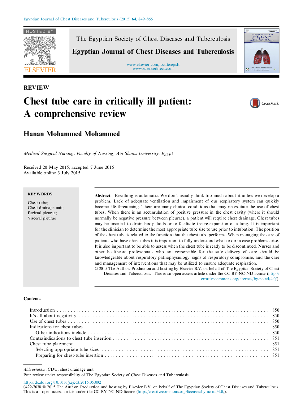 Chest tube care in critically ill patient: A comprehensive review 