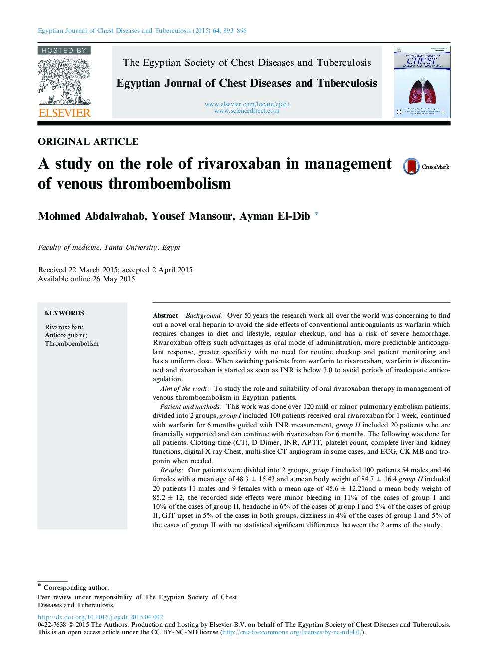 A study on the role of rivaroxaban in management of venous thromboembolism 
