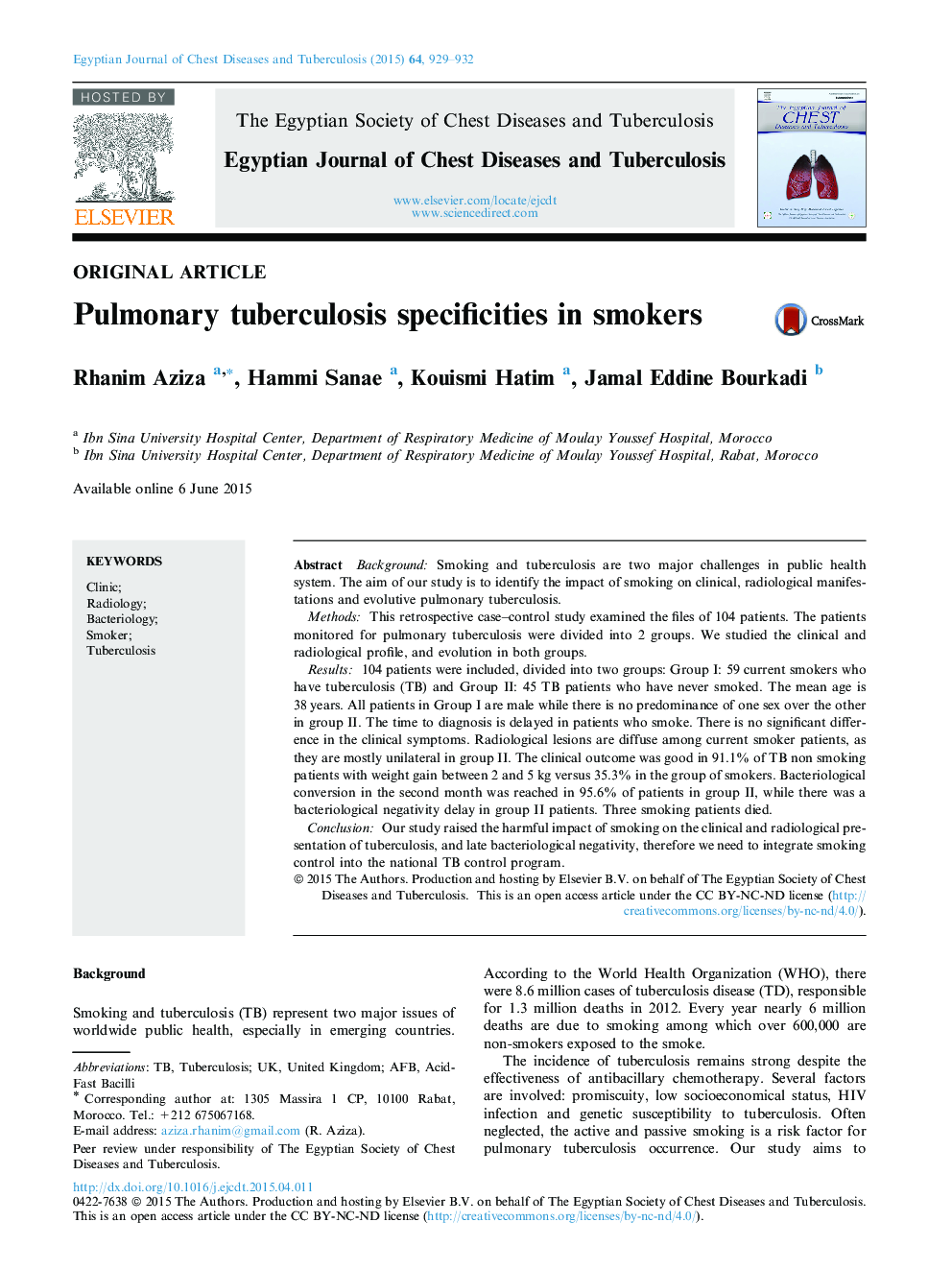 Pulmonary tuberculosis specificities in smokers 