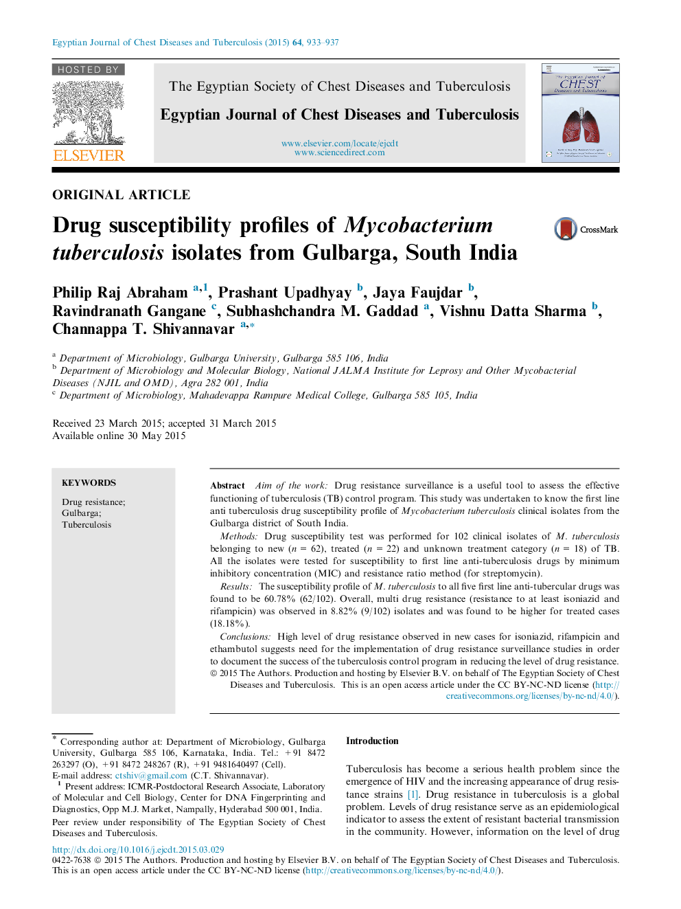 Drug susceptibility profiles of Mycobacterium tuberculosis isolates from Gulbarga, South India 