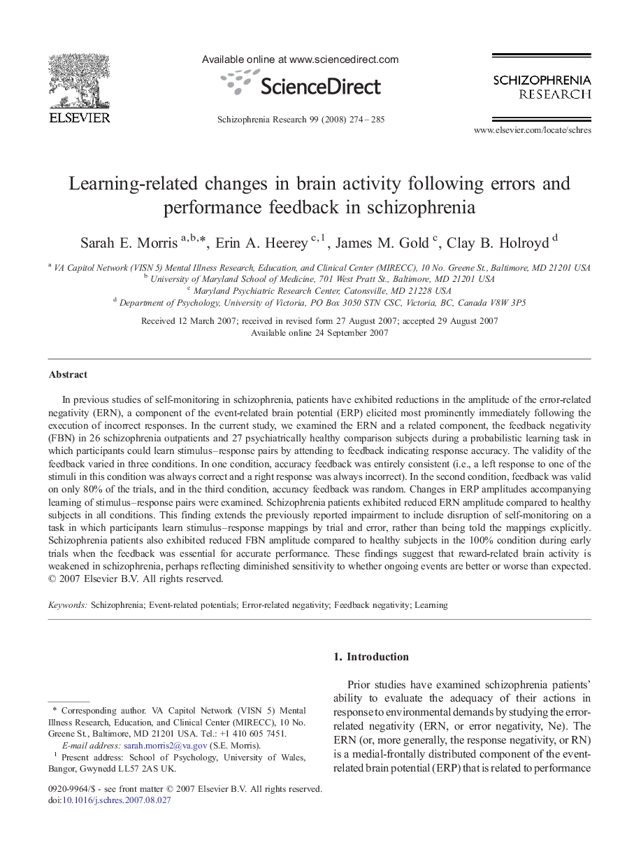 Learning-related changes in brain activity following errors and performance feedback in schizophrenia