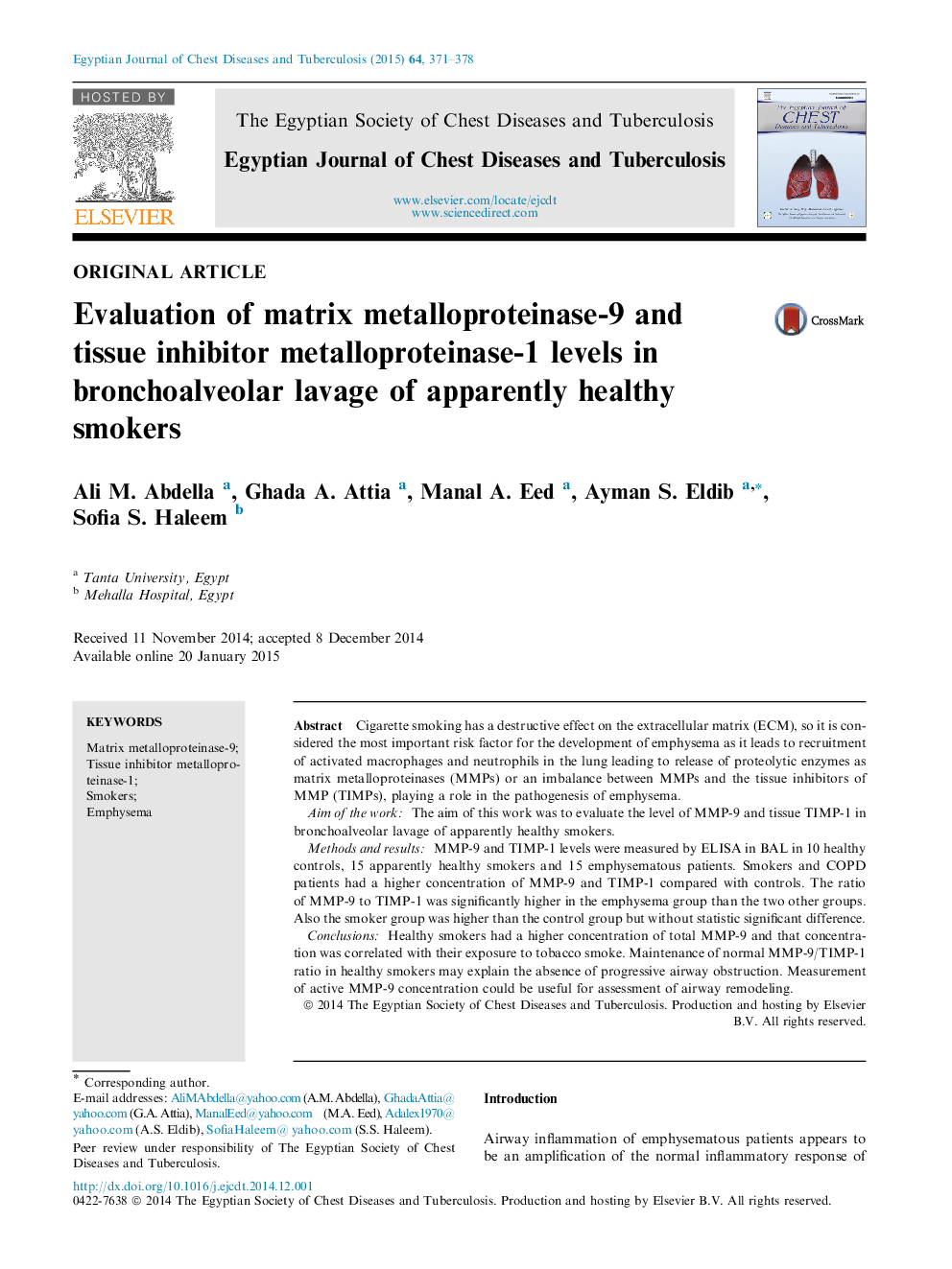 Evaluation of matrix metalloproteinase-9 and tissue inhibitor metalloproteinase-1 levels in bronchoalveolar lavage of apparently healthy smokers 