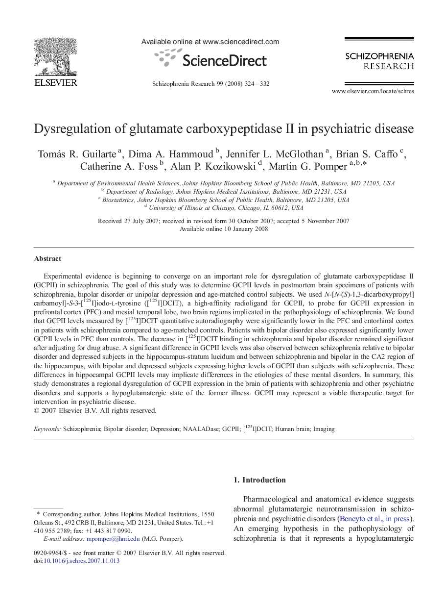 Dysregulation of glutamate carboxypeptidase II in psychiatric disease